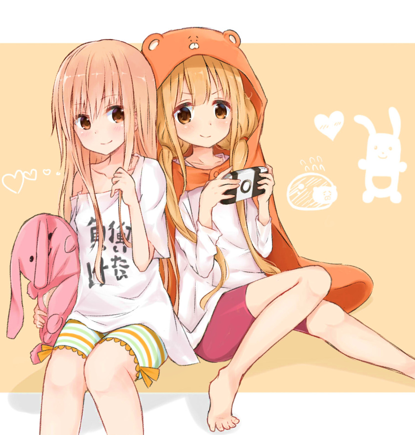 2girls animal_costume blonde_hair brown_eyes chicking cosplay costume_switch crossover doma_umaru futaba_anzu game_console highres himouto!_umaru-chan hood idolmaster idolmaster_cinderella_girls long_hair multiple_girls smile stuffed_animal stuffed_bunny stuffed_toy t-shirt trait_connection twintails