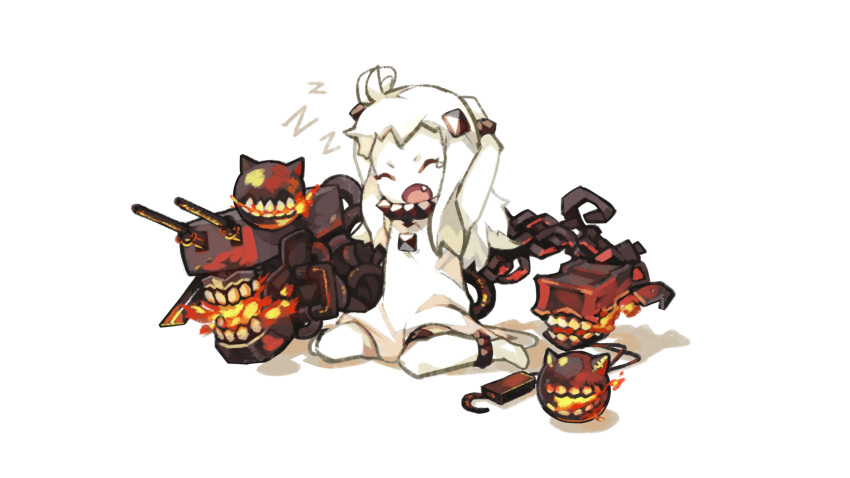 1girl ahoge anklet arms_up barefoot breathing_fire chain closed_eyes fang fire guang_li_zi highres horns jewelry kantai_collection long_hair machinery monster northern_ocean_hime open_mouth shinkaisei-kan sitting solo stretch tears turret wariza white_hair yawning zzz