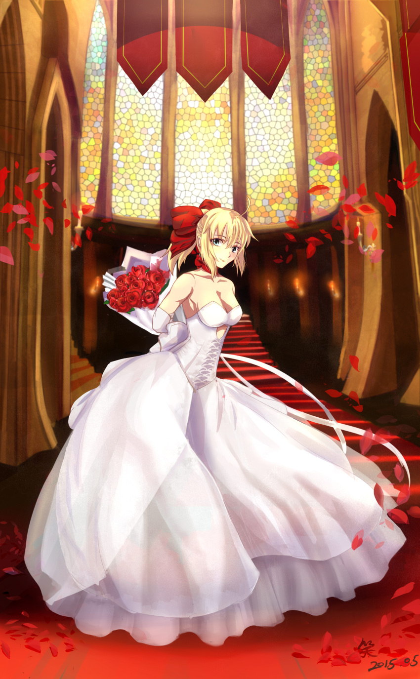 ahoge blonde dress fate/extra fate_(series) flower gloves green_eyes high_resolution ponytail ribbon saber_extra short_hair smile very_high_resolution wedding xiao_long_xie