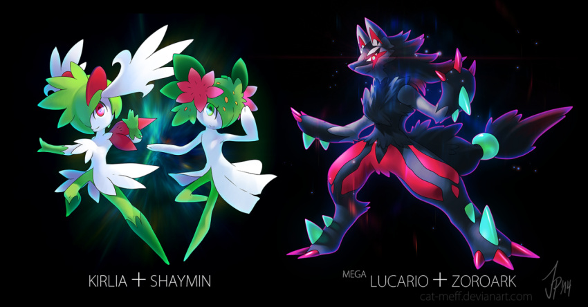 black_background cat-meff character_fusion character_name closed_mouth dark_background duo full_body green_eyes kirlia legendary_pok&eacute;mon lucario mega_form_(pok&eacute;mon) no_people png_conversion pokemon pokemon_species red_eyes shaymin simple_background smile standing text zoroark