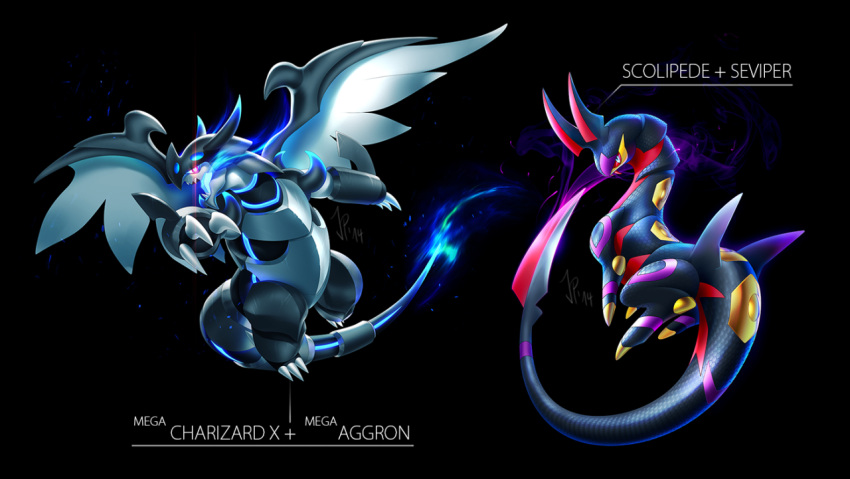 16:9_aspect_ratio aggron black_background blue_fire cat-meff character_fusion character_name charizard claws dark_background dragon duo fire full_body mega_form_(pok&eacute;mon) no_people png_conversion pokemon pokemon_species red_eyes scolipede seviper sharp_teeth simple_background teeth text wings