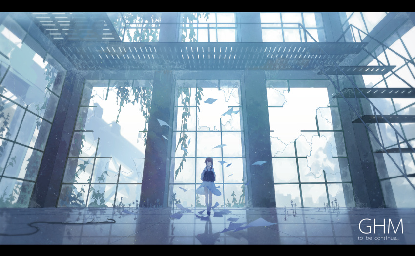 1girl accordion broken_glass closed_eyes dress glass indoors instrument letterboxed light_particles original paper scenery solo spencer_sais stairs vines wind window