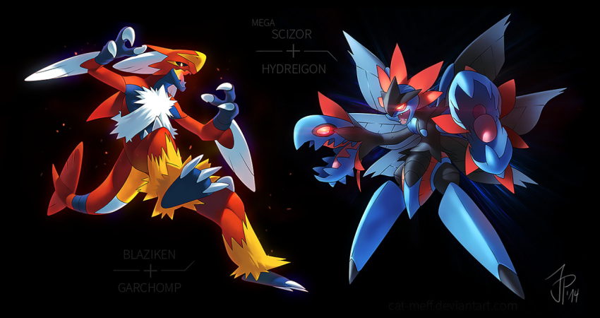 black_background blaziken cat-meff character_fusion character_name claws dark_background duo fangs full_body garchomp glowing glowing_eyes hydreigon mega_form_(pok&eacute;mon) no_people open_mouth png_conversion pokemon pokemon_species scizor simple_background text