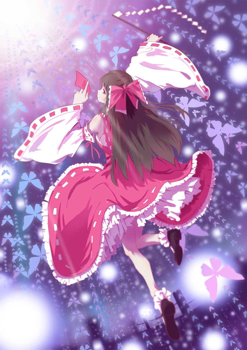 back black_eyes black_hair bow butterfly detached_sleeves dress exposed_shoulders expressionless female frills full_body gohei hair_bow hair_ornament hair_tubes hakurei_reimu high_resolution long_hair looking_at_viewer ofuda paper pixiv_id_6782248 red_dress red_outfit sleeveless solo stick touhou wide_sleeves wood