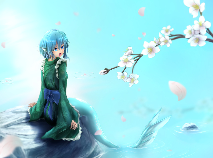 1girl blue_eyes blue_hair borushichi cherry_blossoms from_behind head_fins highres looking_to_the_side mermaid monster_girl open_mouth ripples short_hair sitting_on_rock solo touhou tree_branch wakasagihime water