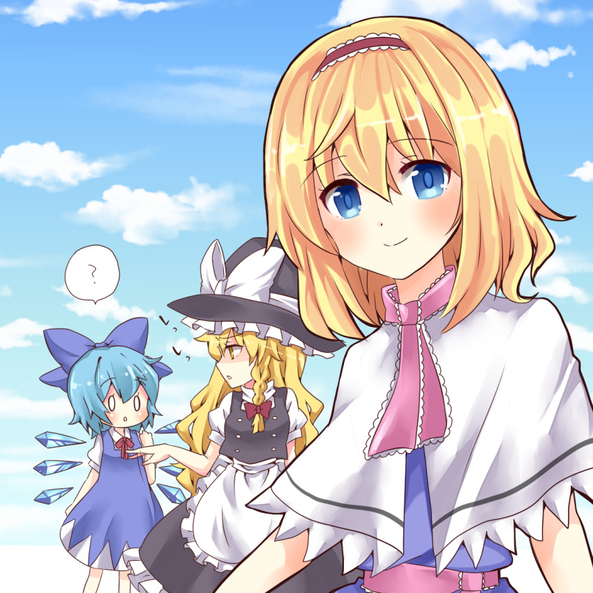 3girls ? alice_margatroid apron blonde_hair blue_dress blue_eyes blue_hair blue_sky bow braid capelet chako_(chakoxxx) cirno clouds dress hair_bow hair_ribbon hairband hat hat_ribbon high_collar highres kirisame_marisa lolita_hairband long_hair looking_at_another looking_at_viewer multiple_girls o_o puffy_short_sleeves puffy_sleeves ribbon sash short_hair short_sleeves single_braid skirt skirt_set sky smile spoken_question_mark touhou tress_ribbon triangle_mouth waist_apron wings witch_hat yellow_eyes