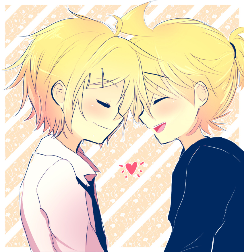 2boys ^_^ blonde blush closed_eyes closed_mouth duo face-to-face genderswap hair_ornament hairclip happy heart high_resolution kagamine_len kagamine_rinto long_sleeves male multiple_boys necktie open_mouth pixiv_id_11044648 shirt short_hair short_ponytail smile striped striped_background vocaloid white_shirt