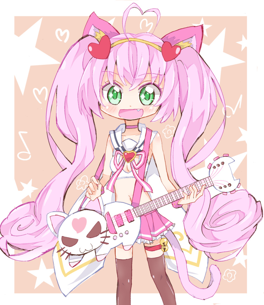 1girl :d ahoge animal_ears black_legwear blush cat_ears cat_tail cleavage_cutout crop_top fang frilled_skirt frills green_eyes guitar hair_ornament hairband heart_hair_ornament highres instrument long_hair looking_at_viewer midriff musical_note navel open_mouth pink_hair rosia_(show_by_rock!!) sailor_collar show_by_rock!! skirt smile solo star starry_background tail thigh-highs thigh_strap tsumiki_sata twintails very_long_hair