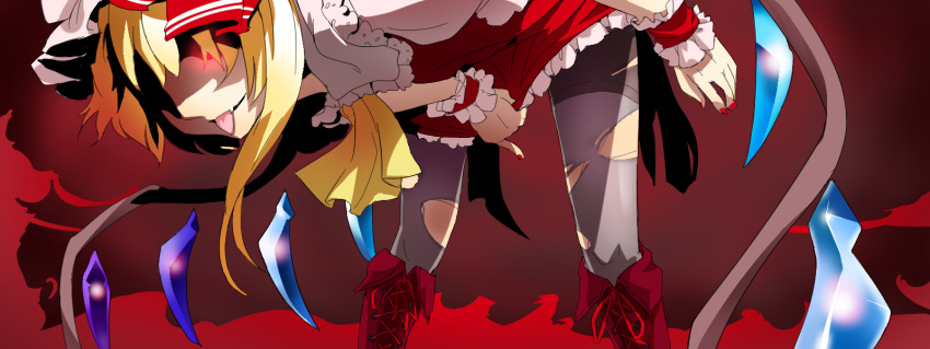1girl ascot bent_over blonde_hair boots flandre_scarlet grey_legwear hair_over_eyes hat highres long_hair nail_polish pantyhose red_nails sinzan skirt skirt_tug solo tongue tongue_out torn_clothes torn_pantyhose touhou wings wrist_cuffs
