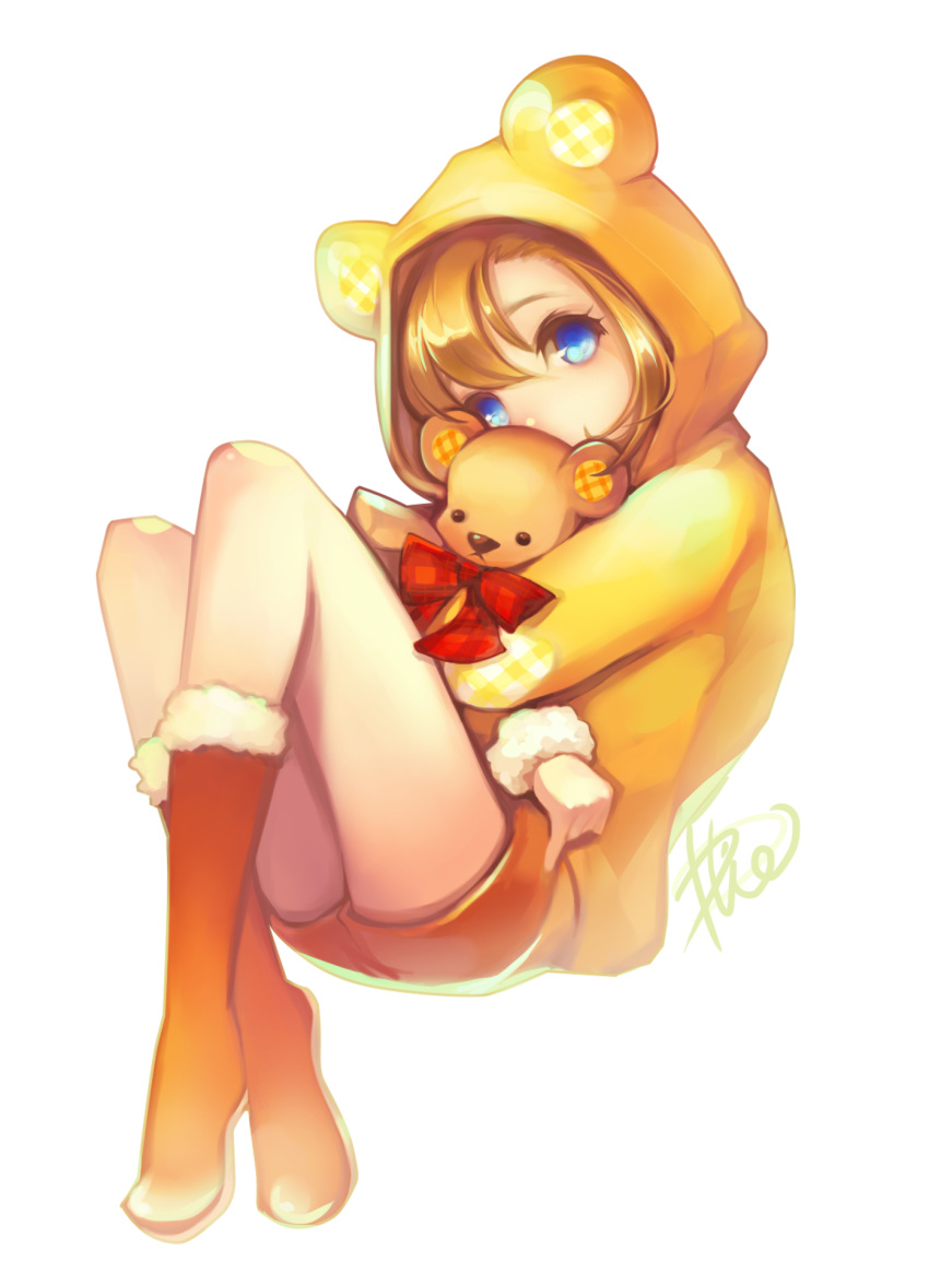 blue_eyes boots high_resolution hoodie kousaka_honoka love_live!_school_idol_project orange_hair pio_(pixiv_5670426) ribbon short_hair shorts stuffed_animal stuffed_toy teddy_bear