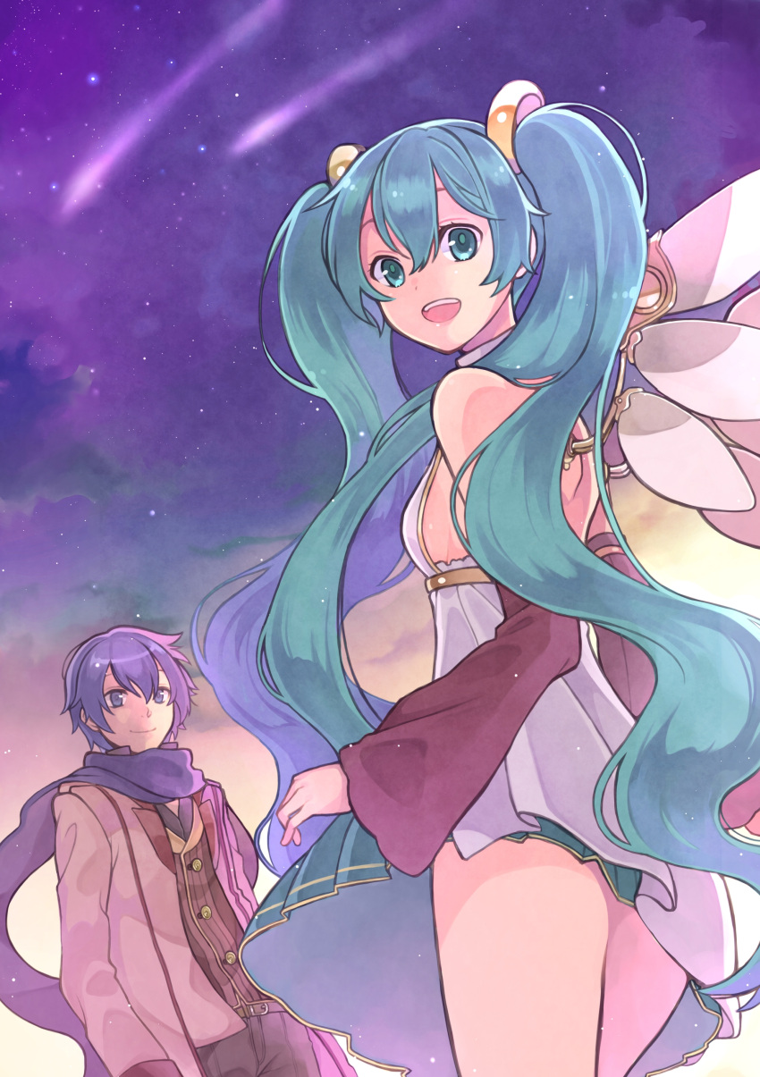 alternative_costume aqua_eyes aqua_hair blue_eyes blue_hair blue_neckwear duo female hatsune_miku high_resolution kaito long_hair looking_at_viewer male pixiv_id_6616196 purple_sky scarf shooting_star short_hair sky smile star_(sky) twintails very_high_resolution vocaloid wings