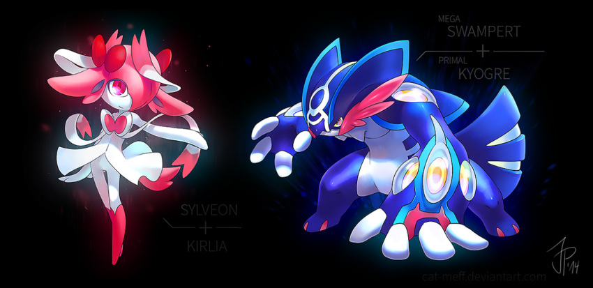 black_background cat-meff character_fusion character_name closed_mouth dark_background duo eeveelution full_body kirlia kyogre legendary_pok&eacute;mon mega_form_(pok&eacute;mon) no_people pink_eyes png_conversion pokemon pokemon_species primal_form_(pok&eacute;mon) simple_background smile swampert sylveon text