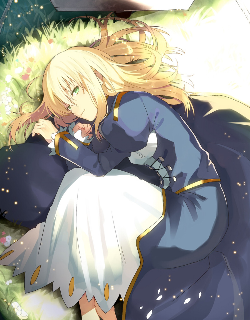 blonde dress fate/stay_night fate_(series) female green_eyes high_resolution imo-mai lying png_conversion potential_duplicate saber solo