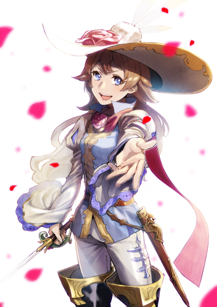1girl blue_eyes boots brown_hair granblue_fantasy hat highres long_hair looking_at_viewer outstretched_arm pants petals rapier simple_background solo sword thigh-highs thigh_boots tsurusaki_yuu weapon white_background