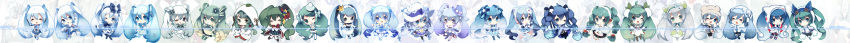 1girl absurdres blue_eyes blue_hair chibi detached_sleeves earmuffs hatsune_miku headphones headset highres long_hair long_image multiple_persona open_mouth shouen_kigashi skirt smile snowflakes timeline twintails very_long_hair vocaloid wide_image winter_clothes yuki_miku