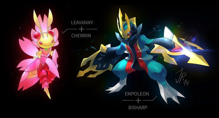 bisharp black_background blue_eyes cat-meff character_fusion character_name cherrim closed_mouth dark_background duo empoleon full_body leavanny no_people png_conversion pokemon pokemon_species red_eyes simple_background smile text