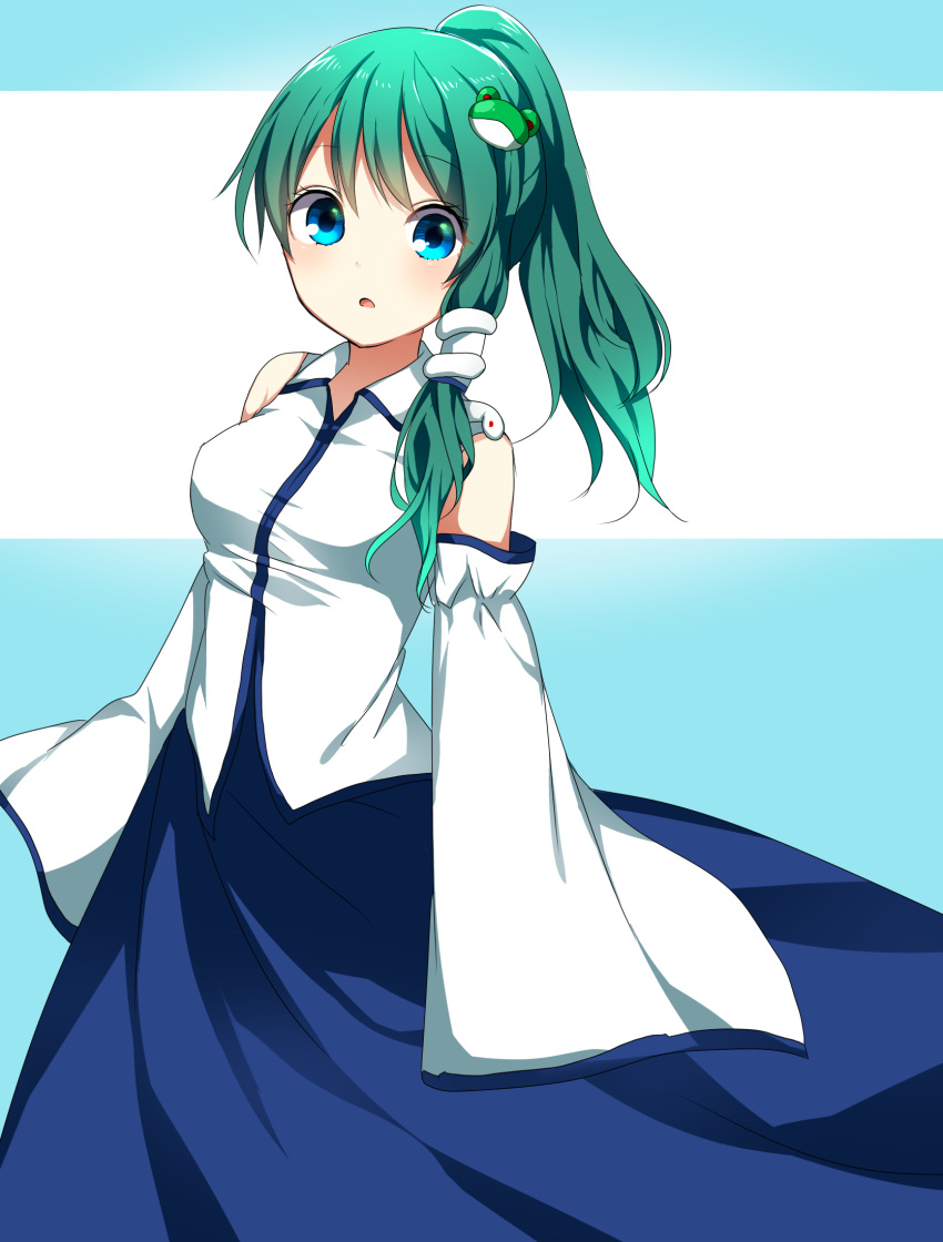 1girl alternate_hairstyle blouse blue_eyes breasts detached_sleeves frog_hair_ornament green_hair hair_ornament highres kochiya_sanae long_hair long_skirt ominome open_mouth ponytail skirt snake_hair_ornament solo touhou