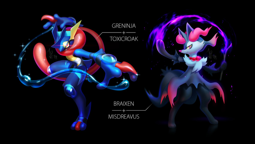 16:9_aspect_ratio black_background braixen cat-meff character_fusion character_name dark_background duo fight_stance fire full_body greninja misdreavus no_people png_conversion pokemon pokemon_species simple_background smile standing text toxicroak violet_eyes water