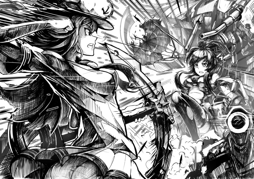 anchor anchor_symbol battle cannon clenched_hand clenched_teeth commentary crossover damaged greyscale hat janyhero kantai_collection long_hair looking_at_another monochrome murasa_minamitsu neckerchief panties payot profile sailor_collar sailor_hat short_hair short_sleeves skirt thigh-highs torn_clothes torn_thighhighs touhou underwear yamato_(kantai_collection)