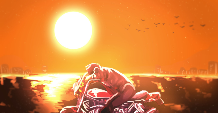 bird brown_eyes brown_hair building fingerless_gloves gloves headband highres hohehohe horizon jacket king_of_fighters kusanagi_kyou male_focus motor_vehicle motorcycle short_hair sleeping snk solo sunset vehicle wallpaper