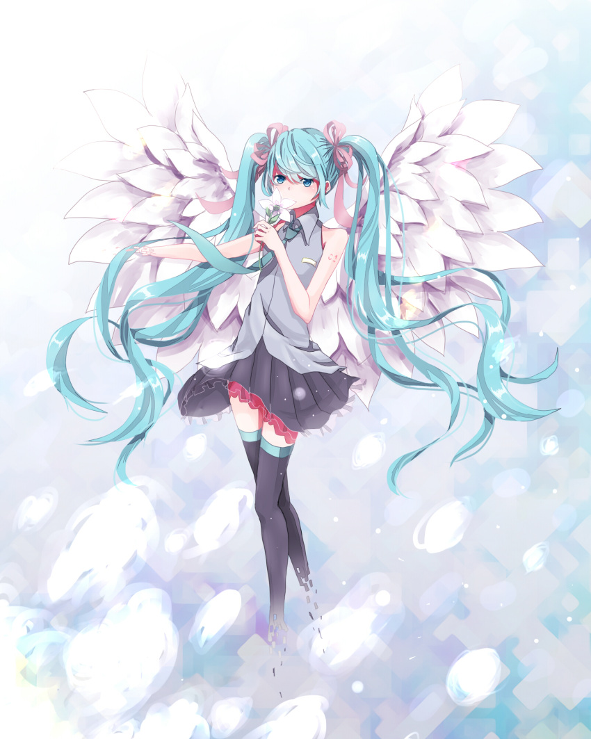 asymmetrical_bangs bangs black_skirt blue_eyes blue_hair boots covered_mouth disappearing exposed_shoulders female flower frilled_skirt frills hatsune_miku high_resolution holding holding_flower long_hair necktie pixiv_id_7386339 ribbon shirt shoes side_bangs skirt sleeveless sleeveless_shirt solo tattoo thigh-highs thigh_boots twintails vocaloid wings