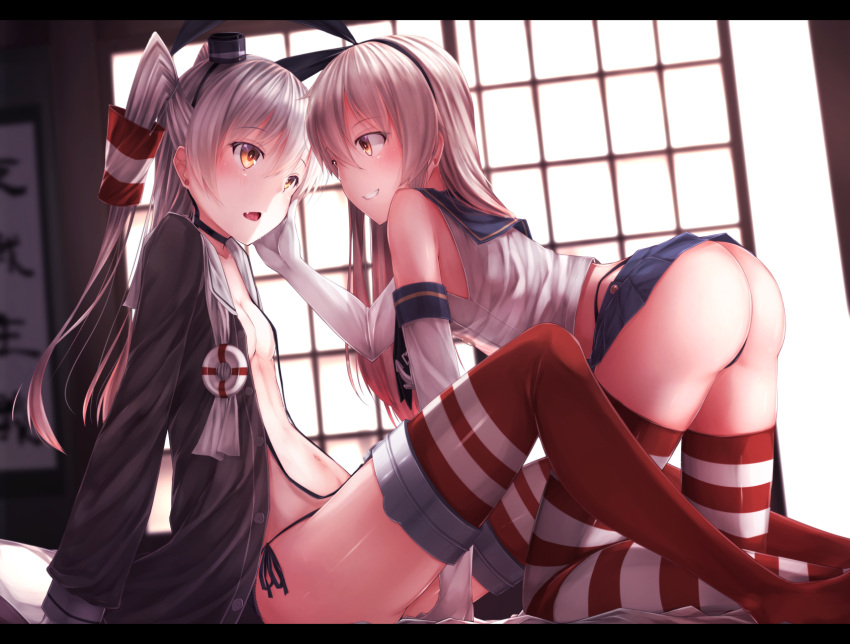 2girls all_fours amatsukaze_(kantai_collection) ass bare_shoulders black_panties blonde_hair blush dress elbow_gloves eye_contact fang gloves hand_on_another's_cheek hand_on_another's_face highres kantai_collection long_hair long_sleeves looking_at_another midriff miniskirt multiple_girls navel neckerchief open_clothes open_dress open_mouth panties pleated_skirt school_uniform serafuku shimakaze_(kantai_collection) shirt side-tie_panties silver_hair sitting skirt small_breasts smile striped striped_legwear thigh-highs two_side_up underwear very_long_hair waterdog white_gloves yellow_eyes yuri