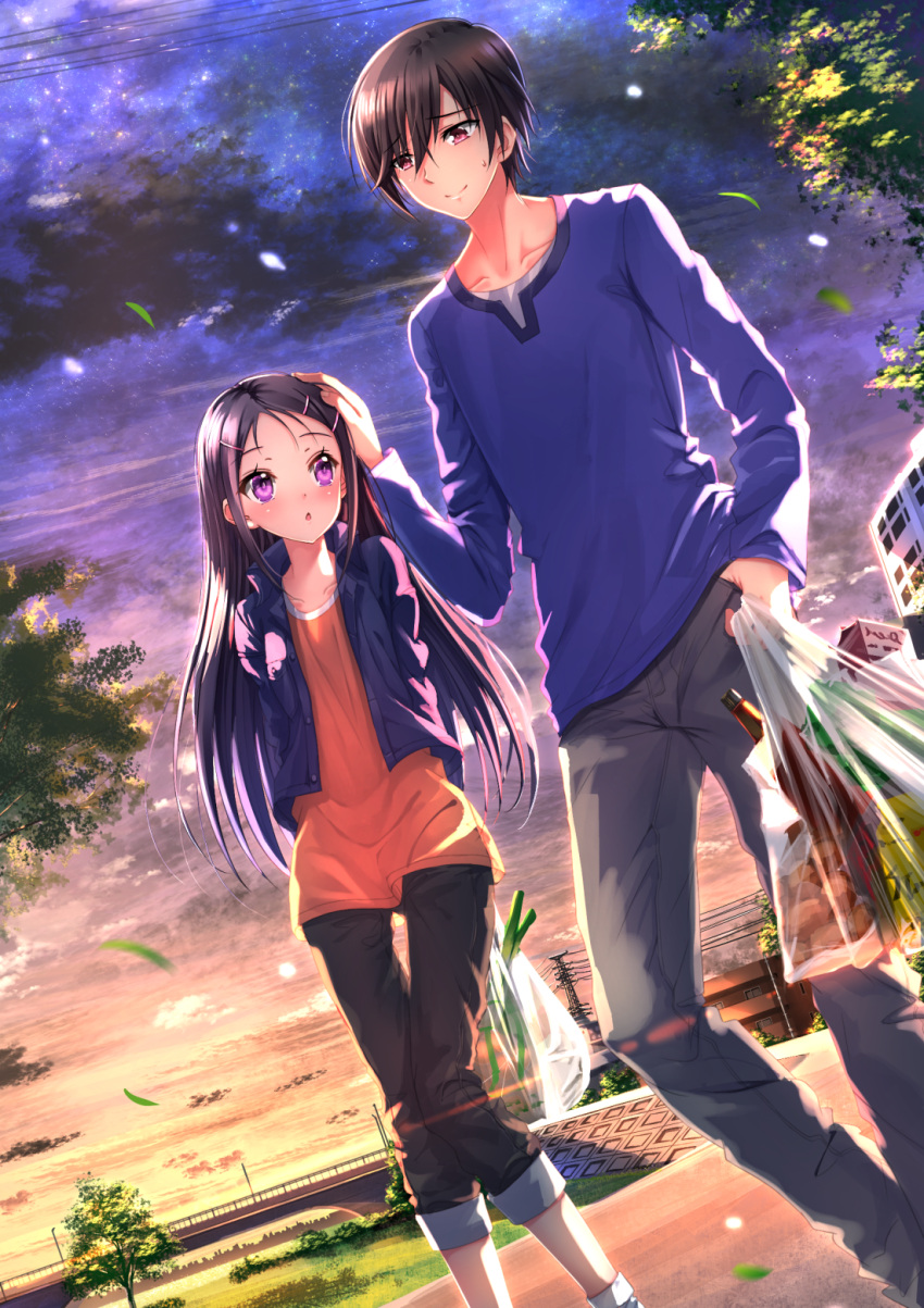 1boy 1girl bag black_hair brother_and_sister casual charlotte_(anime) chestnut_mouth clouds cloudy_sky hair_ornament hairclip hand_on_another's_head highres otosaka_ayumi otosaka_yuu pants pants_rolled_up plastic_bag red_eyes siblings sky swordsouls tree violet_eyes
