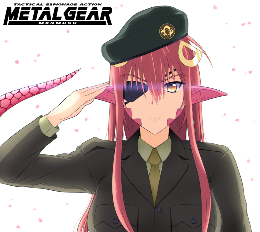 1girl beret big_boss big_boss_(cosplay) eyepatch green_kaminari hair_ornament hairclip hat lamia metal_gear_(series) miia_(monster_musume) monster_girl monster_musume_no_iru_nichijou necktie parody petals pointy_ears redhead salute scales slit_pupils solo uniform upper_body yellow_eyes