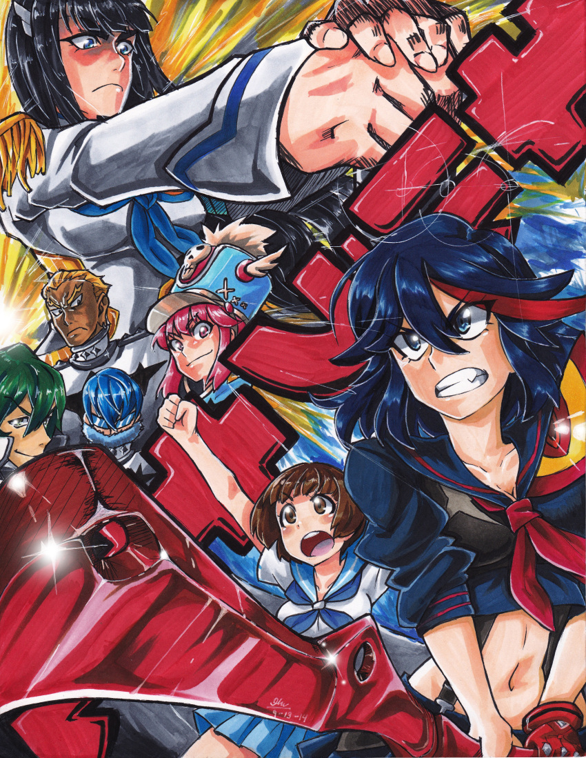 absurdres bangs black_hair blonde_hair blue_eyes blue_hair brown_eyes brown_hair gamagoori_ira glasses green_eyes green_hair hat highres inumuta_houka ishmaiah_dado jakuzure_nonon junketsu kill_la_kill kiryuuin_satsuki mankanshoku_mako marker_(medium) matoi_ryuuko midriff multicolored_hair pink_eyes pink_hair redhead sanageyama_uzu school_uniform scissor_blade senketsu serafuku short_hair suspenders traditional_media two-tone_hair