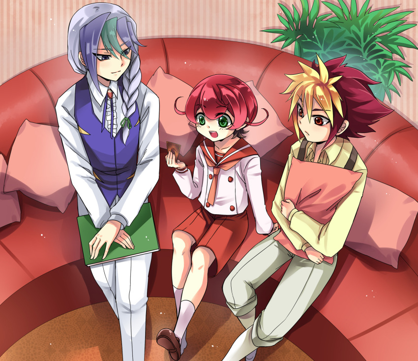 3boys aw.h bent_knees book brown_footwear card card_(object) child couch european_clothes green_eyes grey_hair high_resolution holding holding_card holding_object iii_(yu-gi-oh!_zexal) iv_(yu-gi-oh!_zexal) long_hair male medium_hair multicolored_hair multiple_boys open_mouth pants pillow pink_hair red_shorts ringlets sailor shorts sitting sitting_on_couch smile socks striped traditional_clothes trio tron_family two-tone_hair v_(yu-gi-oh!_zexal) vest white_pants yu-gi-oh! yu-gi-oh!_zexal