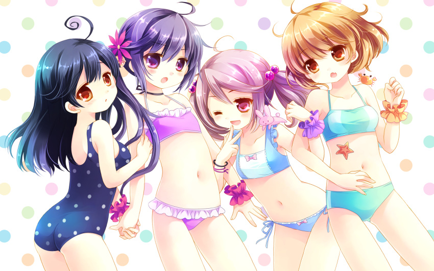 4girls ahoge akebono_(kantai_collection) ass bandaid bare_shoulders blue_hair blush bow bow_panties breasts crab fang flower frilled_swimsuit frills hair_bobbles hair_flower hair_ornament highres holding_hands kantai_collection long_hair multiple_girls oboro_(kantai_collection) open_mouth panties pink_eyes pink_hair purple_hair red_eyes sakurazawa_izumi sazanami_(kantai_collection) short_hair side-tie_panties side_ponytail smile starfish swimsuit twintails underwear ushio_(kantai_collection) wrist_cuffs