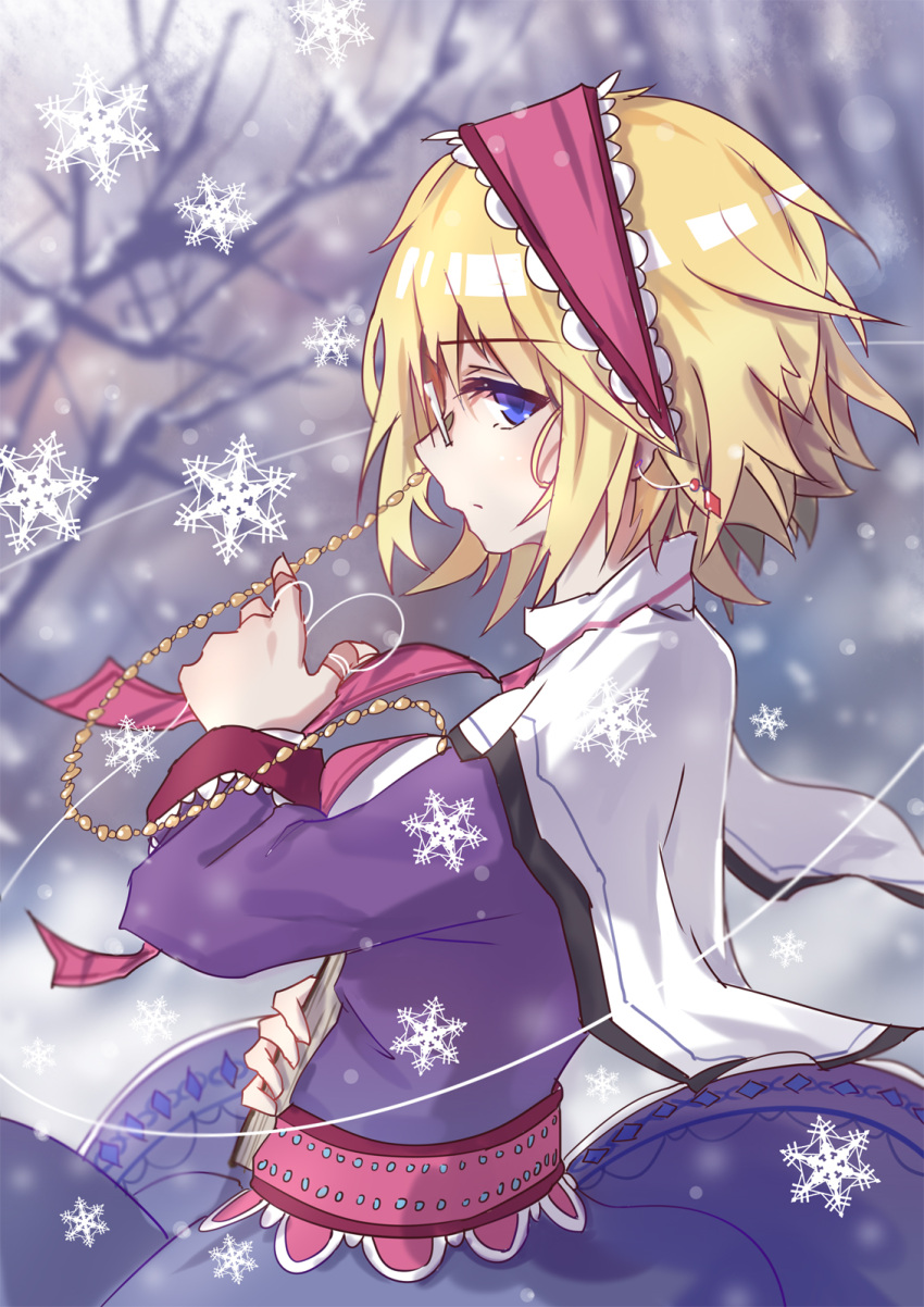 1girl alice_margatroid bespectacled blonde_hair blue_dress blue_eyes blurry book capelet dress earrings expressionless glasses hairband highres jewelry long_sleeves looking_at_viewer necktie profile puppet_strings ribbon sash short_hair snowflakes snowing solo touhou upper_body ziran_juan
