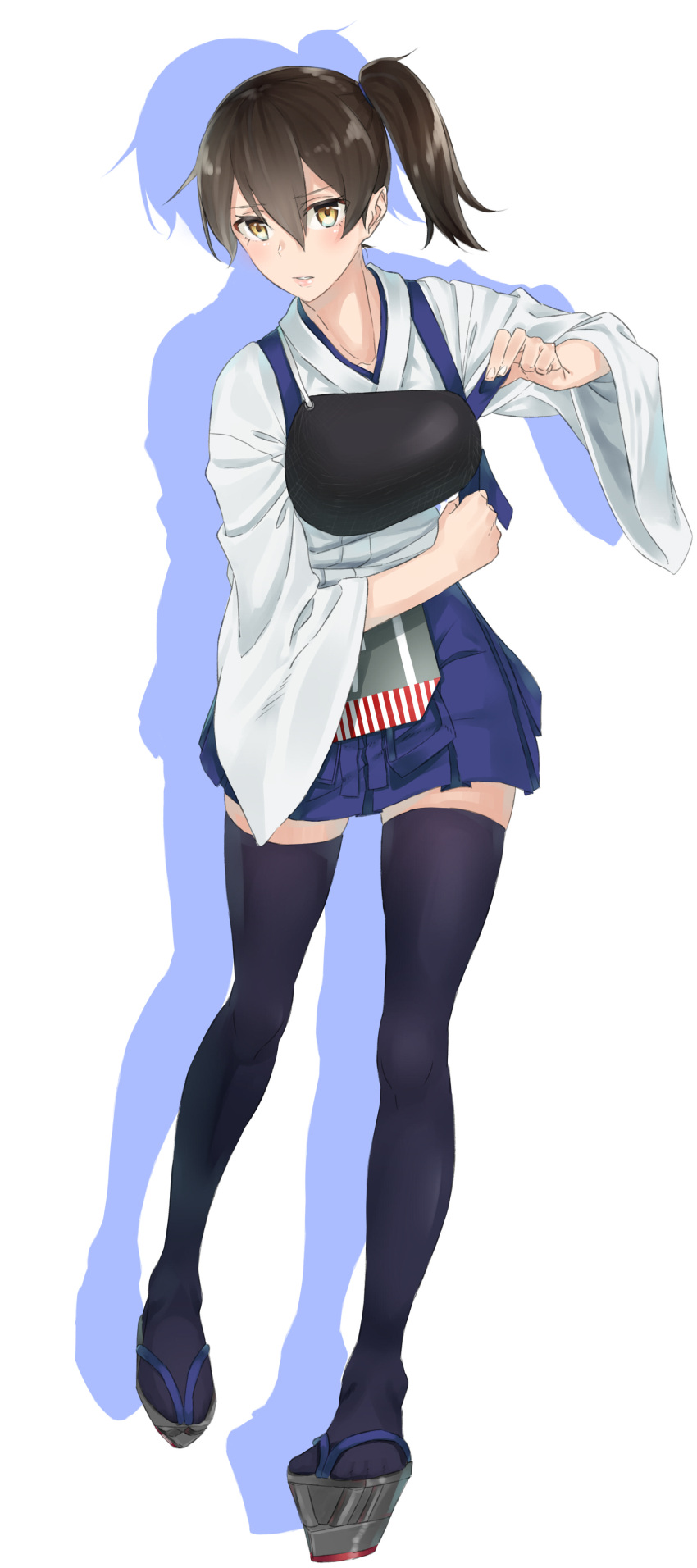 1girl absurdres breasts brown_eyes brown_hair highres kaga_(kantai_collection) kantai_collection long_hair looking_at_viewer muneate open_mouth rolua short_hair side_ponytail skirt solo thigh-highs
