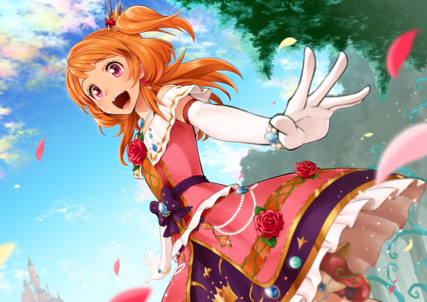 aikatsu! blue_sky bracelet building castle clouds day elbow_gloves female gloves ishikana jewelry necklace oozora_akari open_mouth petals short_sleeves side_ponytail sky smile solo standing tree white_gloves white_handwear