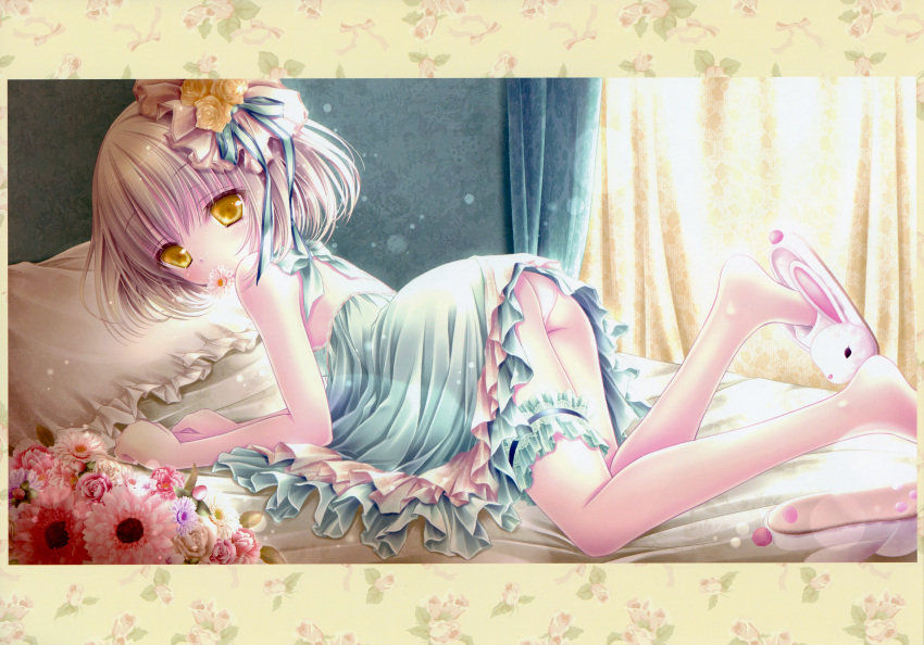 amber_eyes animal_slippers back barefoot bed blonde bow bunny_slippers dress feet female flower hair_bow hair_flower hair_ornament high_resolution large_filesize lingerie looking_at_viewer looking_back mouth_hold official_art panties scan shoes short_hair slippers solo sora_kaneshiro tenshi_no_3p! tinkerbell transparent_clothes underwear very_high_resolution