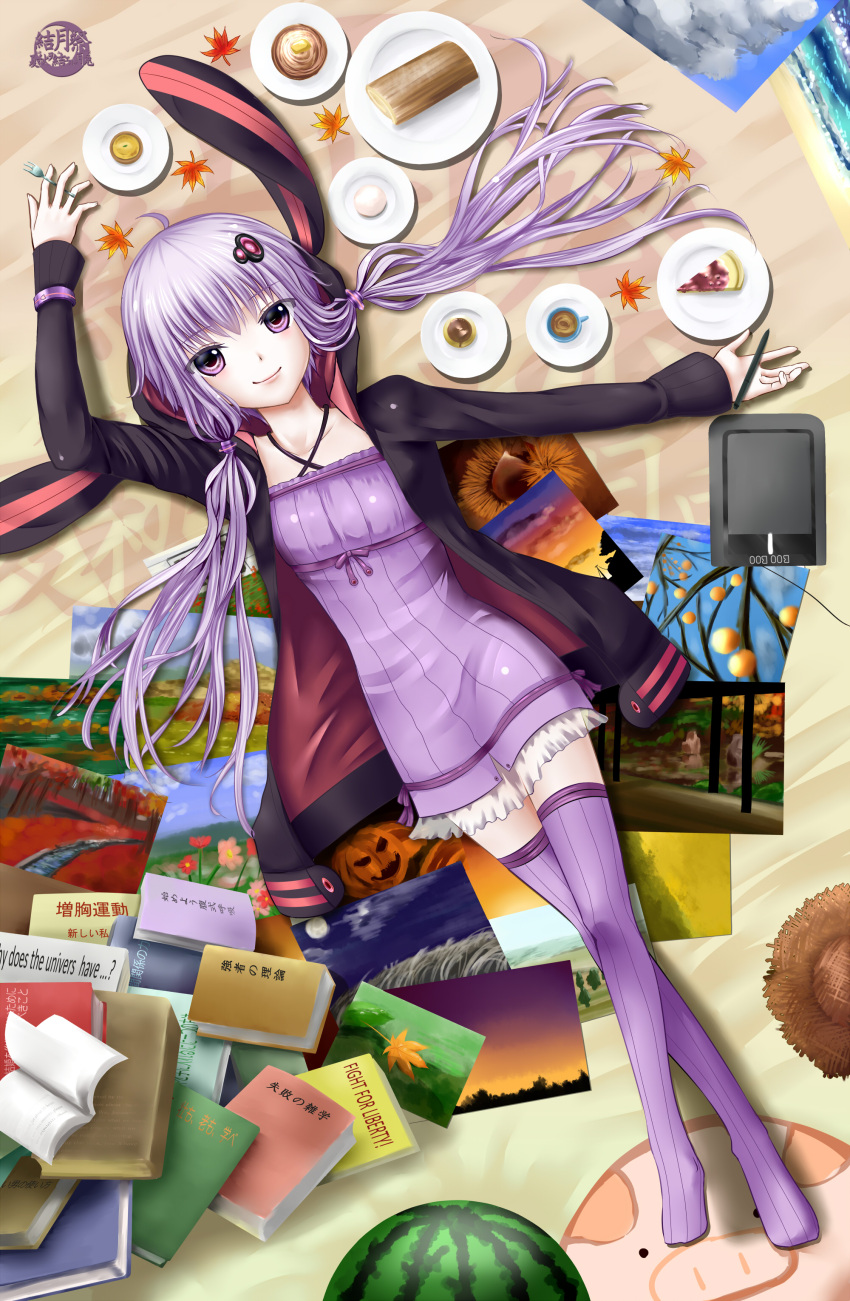 absurdres animal_hood book bunny_hood drawings dress food fork frills from_above fruit full_body hair_ornament hat highres holding hood hooded_jacket kaizu_ken'ichi lips looking_at_viewer lying no_shoes on_back pencil photo_(object) purple_dress purple_hair purple_legwear smile sun_hat sweets thighs twintails violet_eyes vocaloid watermelon writing yuzuki_yukari