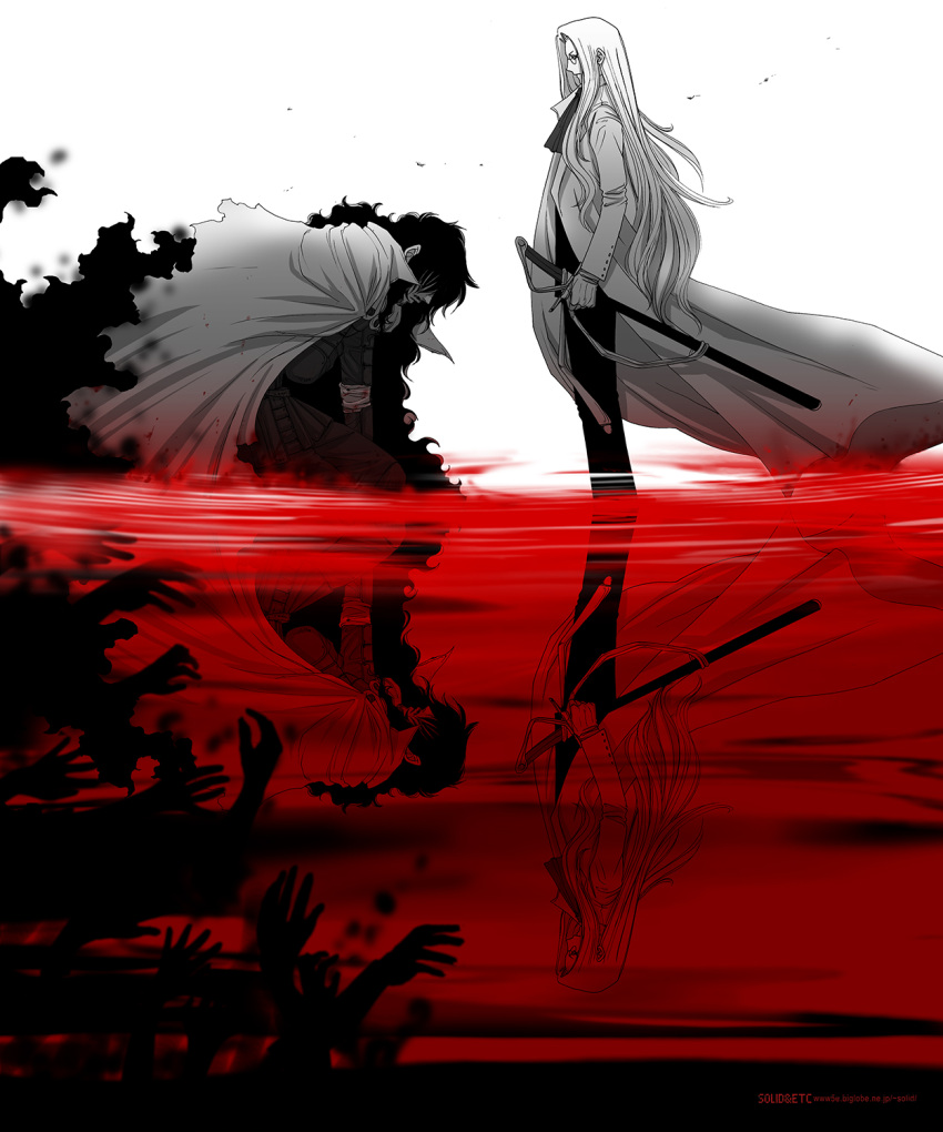 alucard_(hellsing) artist_name black_hair blonde female hellsing high_resolution integra_hellsing long_hair male glasses text toshimichi_yukari