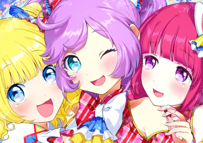 3girls aqua_eyes blue_eyes blush close-up female hand_on_shoulder houjou_sophie long_hair looking_at_another looking_at_viewer manaka_lala minami_mirei multiple_girls one_eye_closed pink_eyes pixiv_id_416263 pri_para purple_hair trio twintails wink