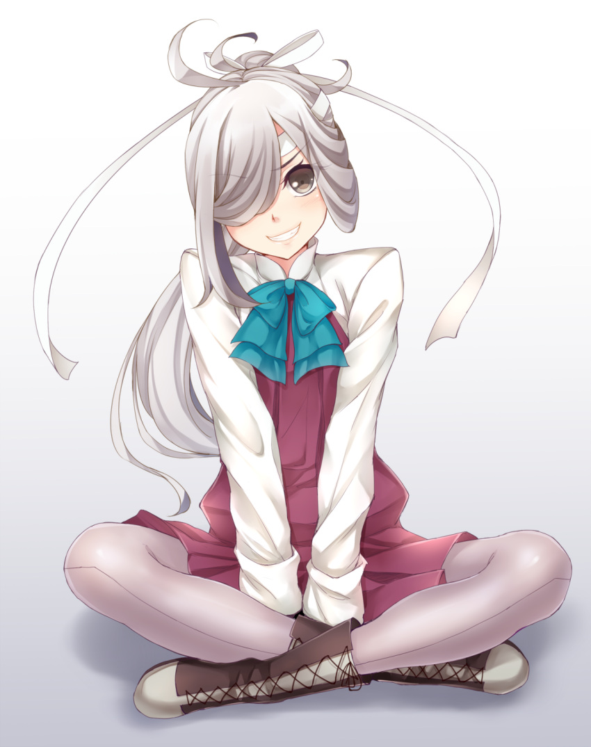1girl asashimo_(kantai_collection) boots bowtie brown_boots brown_eyes collared_shirt cross-laced_footwear dabadhi grey_hair grey_legwear grin hair_over_one_eye headband highres indian_style kantai_collection long_sleeves looking_at_viewer multicolored_hair pantyhose ponytail purple_skirt remodel_(kantai_collection) shirt sitting skirt smile solo two-tone_hair white_shirt