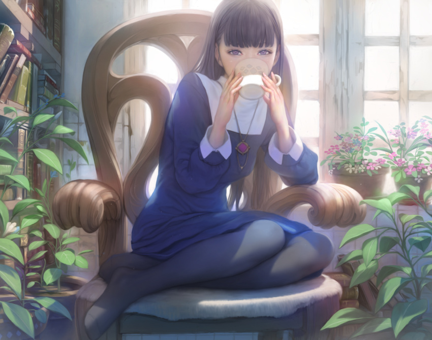 1girl armchair bent_knees black_hair book chair cup dress drink drinking flower hidden_mouth jewelry leaf long_hair looking_at_viewer mujiha_(mlog) necklace original pantyhose plant solo violet_eyes