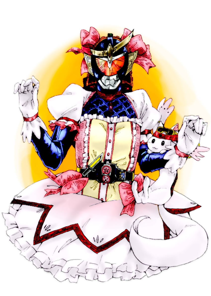 1boy belt bow crossdressinging crossover dress frilled_dress frills gloves helmet highres kamen_rider kamen_rider_gaim kamen_rider_gaim_(series) kaname_madoka_(cosplay) kyubey magical_girl mahou_shoujo_madoka_magica male parody