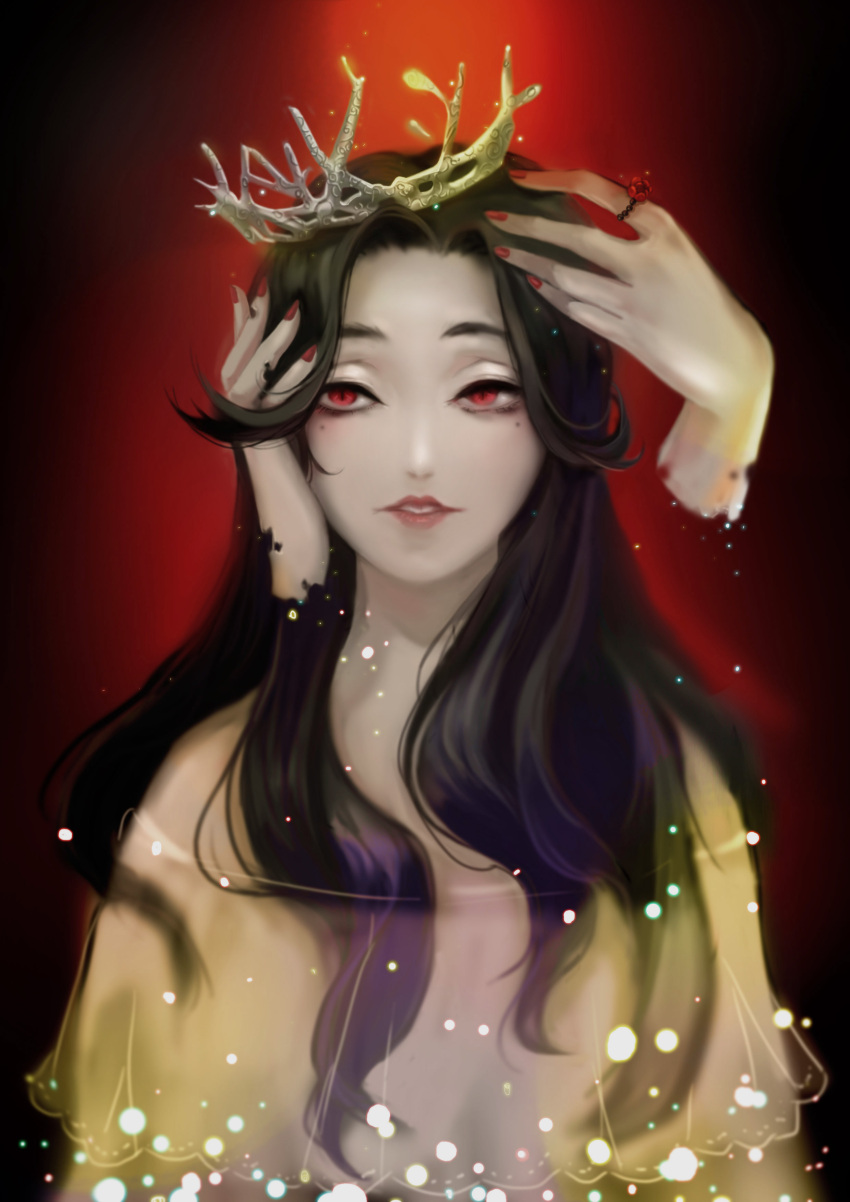 1girl absurdres black_hair blurry crown didiyan disembodied_limb gradient gradient_background highres lipstick long_hair makeup nail_polish original red_eyes red_lipstick red_nails solo veil