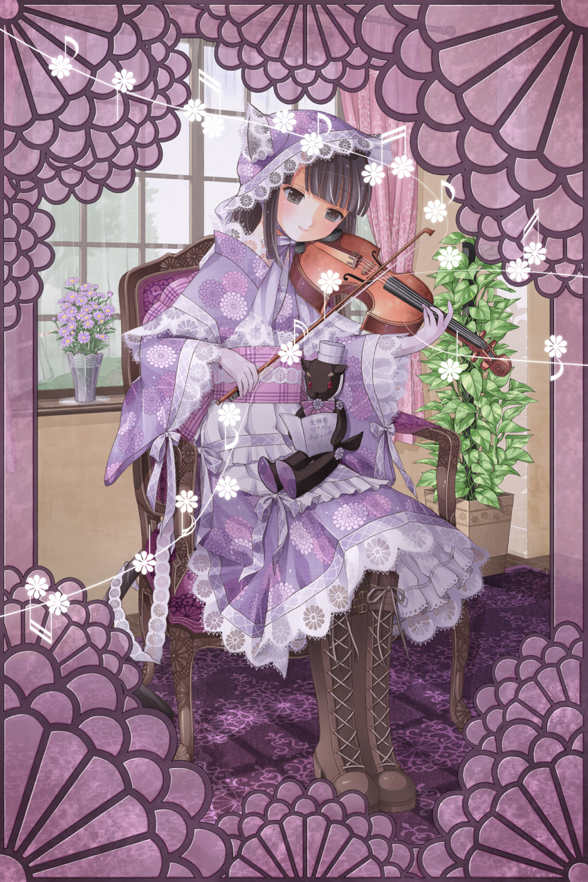 black_eyes black_hair bonnet boots bow cat_ears cat_tail chair cross-laced_footwear curtains elbow_gloves floral_print flower gloves hat highres instrument kanzaki_miku kuroinu lace lace-up_boots lolita_fashion long_hair musical_note obi original plant sitting solo stuffed_animal stuffed_toy tail teddy_bear vase violin wa_lolita window