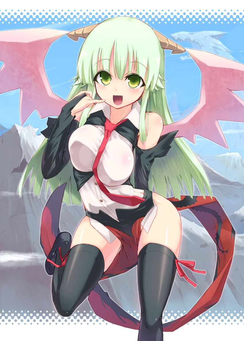 bad_id bare_shoulders breasts fang green_eyes green_hair highres homura_subaru horns large_breasts original solo thigh-highs thighhighs wings