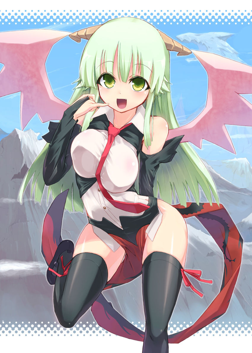 black_legwear breasts bridal_gauntlets detached_sleeves fang green_eyes green_hair happy highres hips homura_subaru horns large_breasts long_hair necktie open_mouth original pinky_out revision smile thigh-highs thighhighs wings