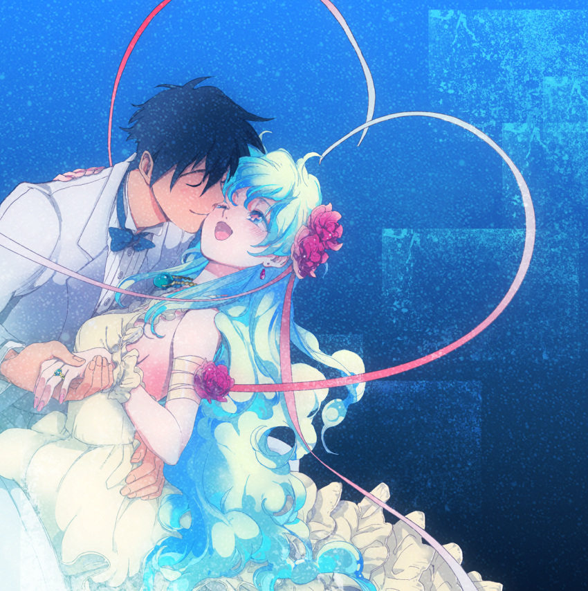 1girl :d armband blue_hair bowtie breasts bride closed_eyes couple dress earrings fingernails flower formal frills hair_flower hair_ornament hand_holding heart highres holding_hands hug jewelry kiss long_hair multicolored_hair nail_polish nails necklace nia_teppelin open_mouth ring short_hair sideboob simon smile tengen_toppa_gurren_lagann tuxedo very_long_hair wedding_dress wink wrist_cuffs yuriko_(kkk9)