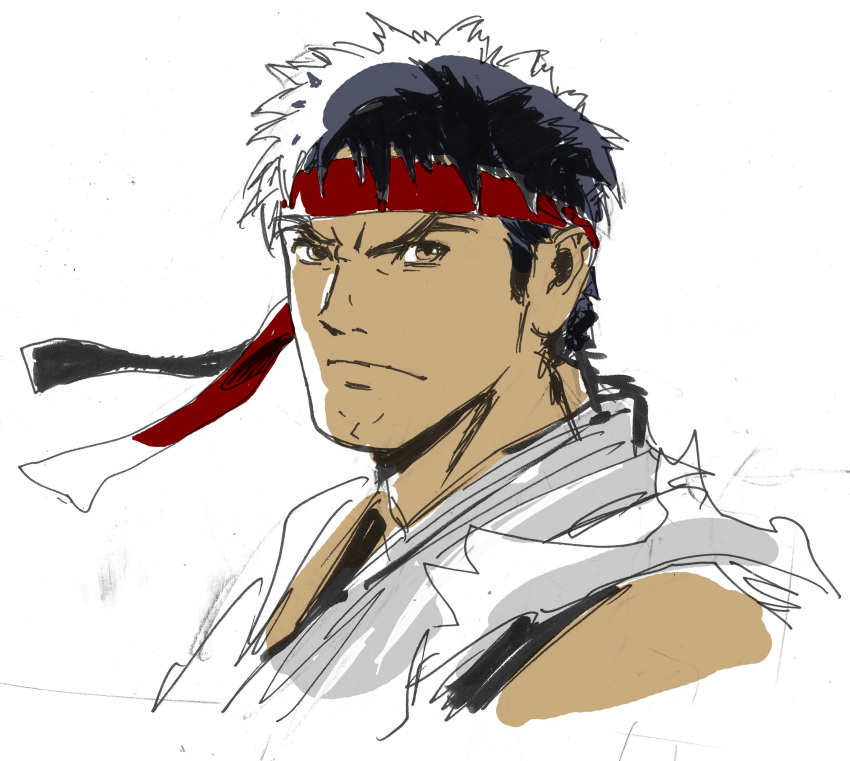 akiman black_hair headband highres ryu ryuu_(street_fighter) sketch street_fighter yasuda_akira