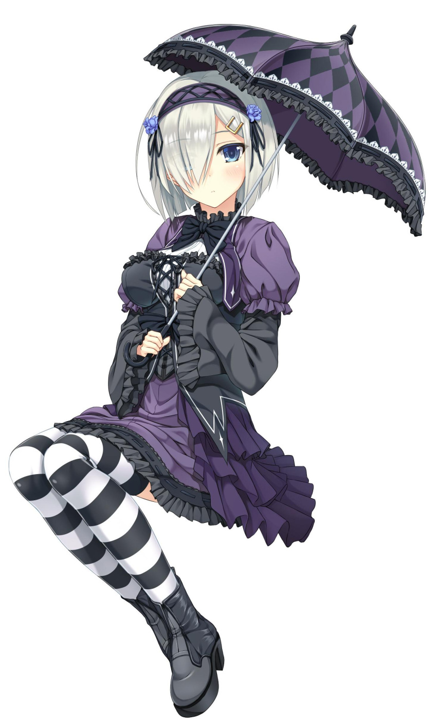 1girl absurdres alternate_costume blush breasts checkered flower full_body gothic_lolita hair_ornament hair_over_one_eye hamakaze_(kantai_collection) headdress highres holding kantai_collection large_breasts lolita_fashion looking_at_viewer moeki_yuuta parasol short_hair silver_hair simple_background solo striped striped_legwear thigh-highs umbrella