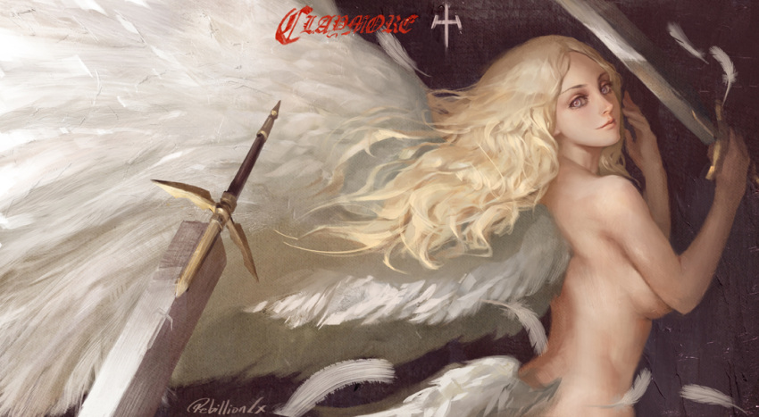 1girl artist_request back bare_back blonde_hair breasts claymore copyright_name eyelashes feathered_wings feathers from_behind grey_eyes holding_hands holding_sword light_smile lips long_hair looking_at_viewer looking_back nude sideboob signature spoilers sword teresa weapon white_wings wings