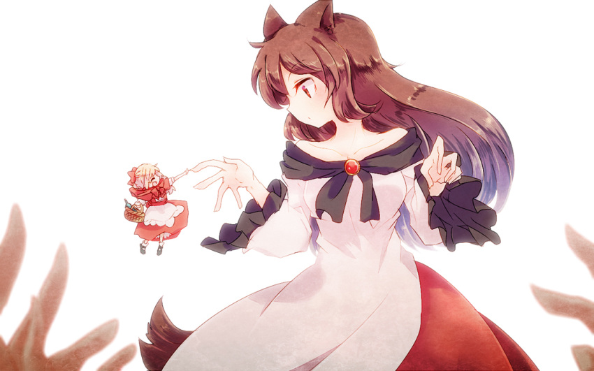 2girls alice_margatroid animal_ears aoi_(annbi) apron basket blonde_hair blue_eyes brooch imaizumi_kagerou jewelry little_red_riding_hood long_sleeves multiple_girls pov_hands puppet shanghai_doll shirt skirt tail touhou waist_apron werewolf wide_sleeves wolf_ears wolf_tail